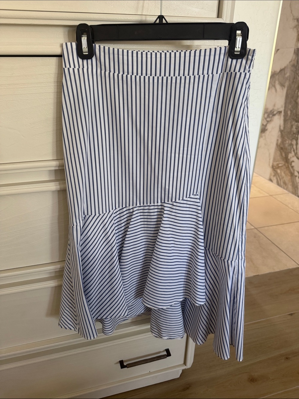 le chateau Blue and White Vertical Stripe High-Low Ruffle Skirt